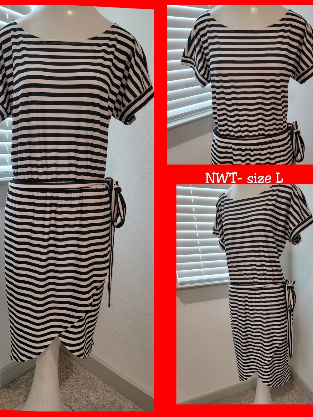 NWT-Cato Black and White Striped Tie-Waist Mini Dress